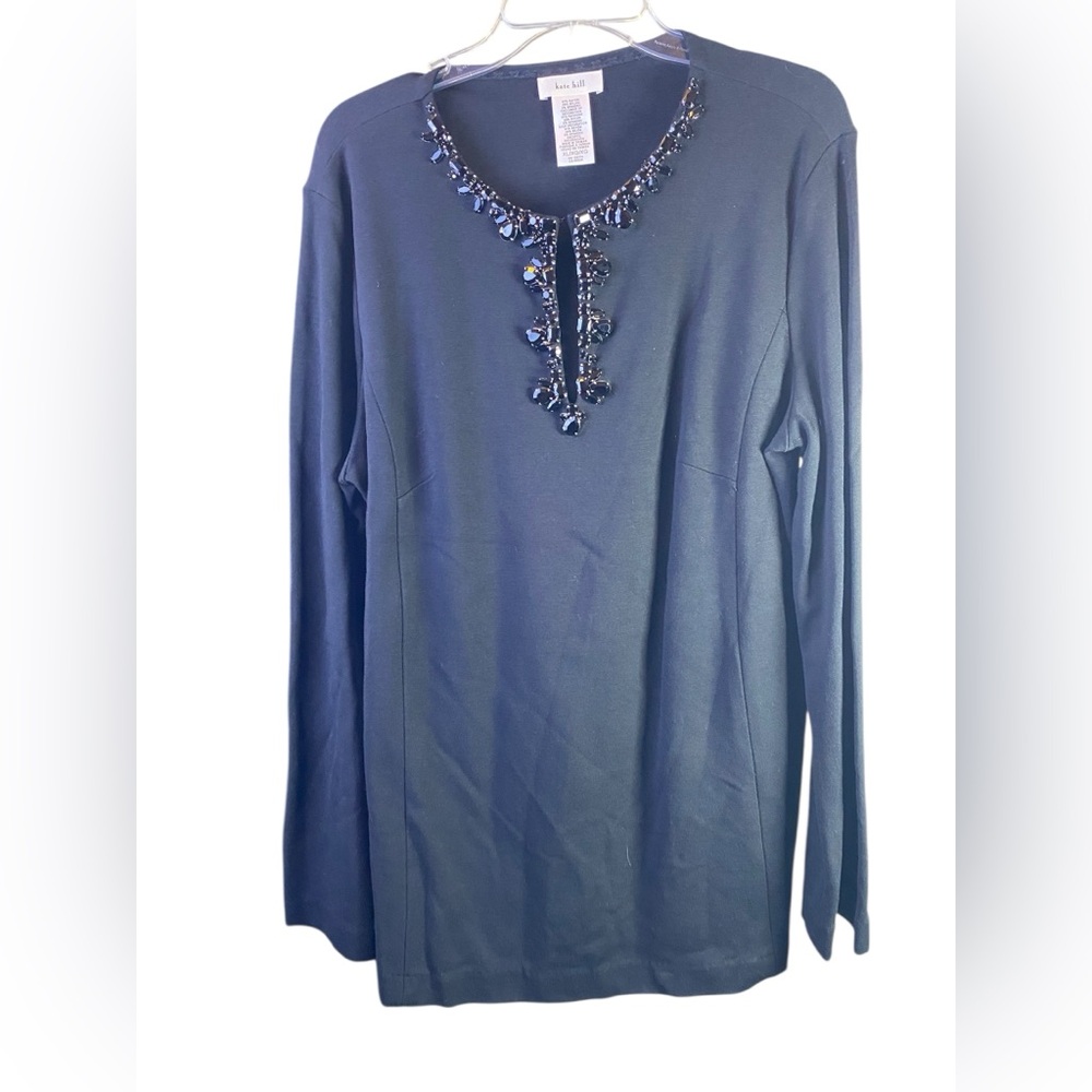 KATE HILL NWOT BLACK BEJEWELED EMBELLISHMENT LONG SLEEVE TUNIC TOP BLOUSE XL